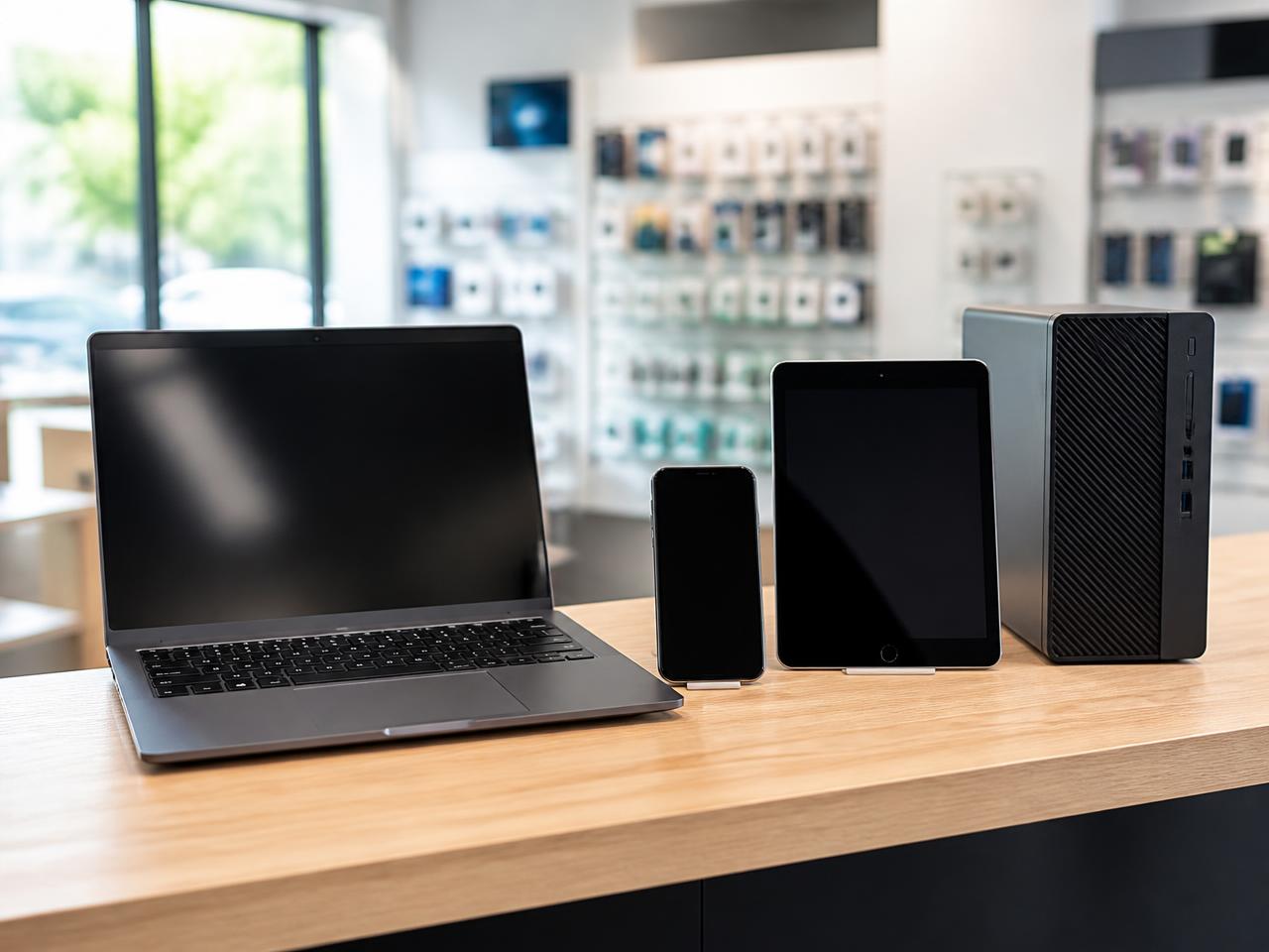 Portátil, móvil, tablet y ordenador de ocasión sobre el mostrador de la tienda