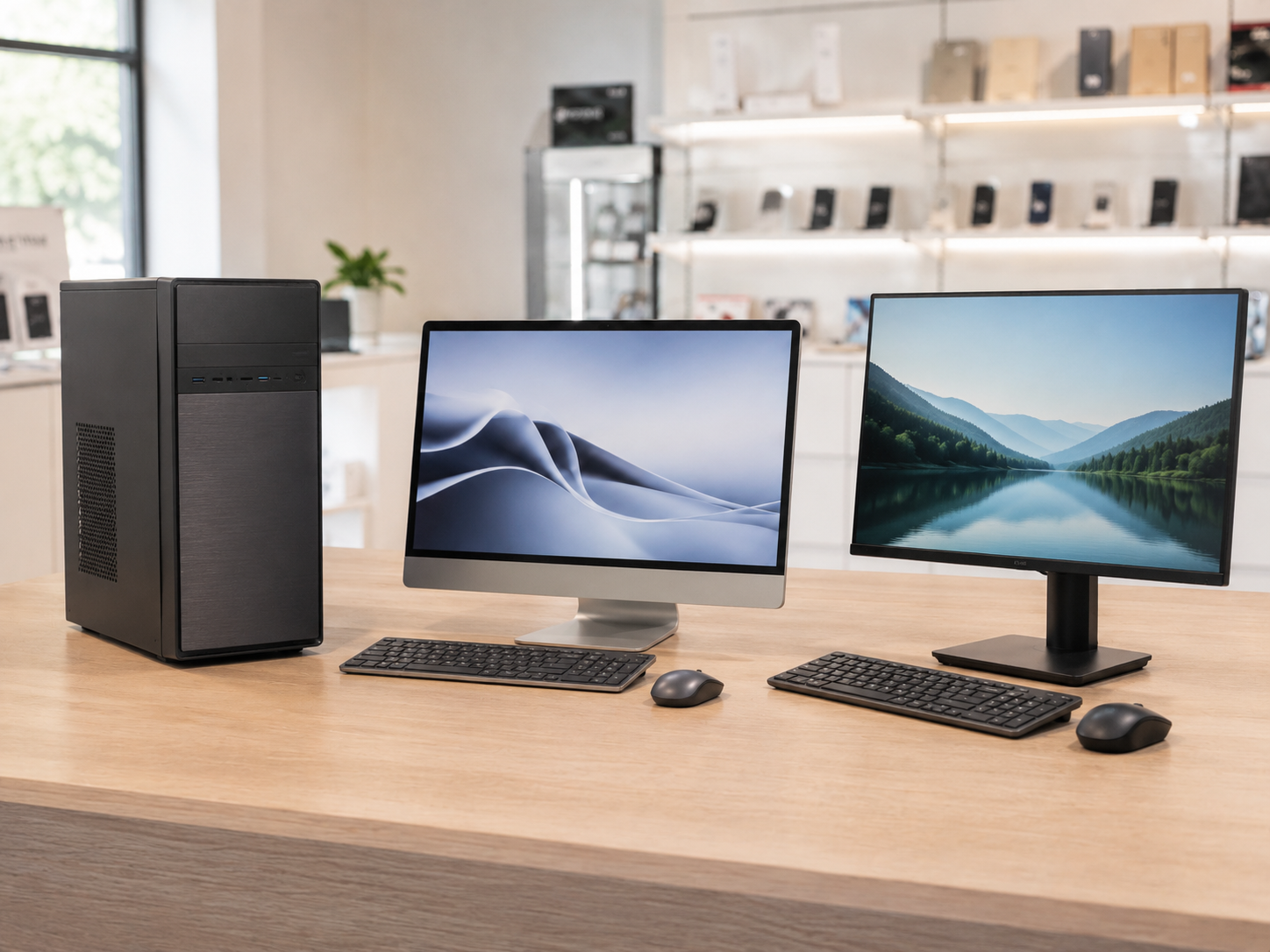 Ordenadores de sobremesa con monitores, teclados y ratones